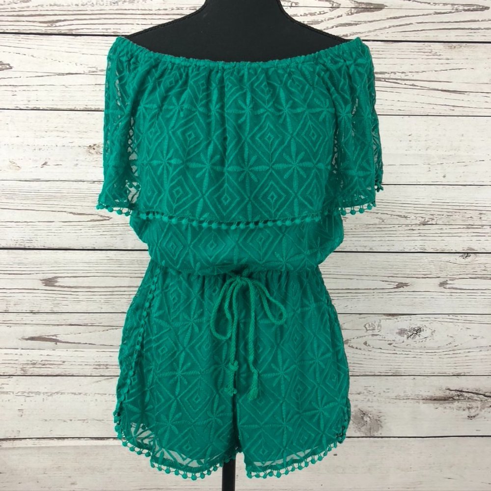 Off the Shoulder Green Lace Romper